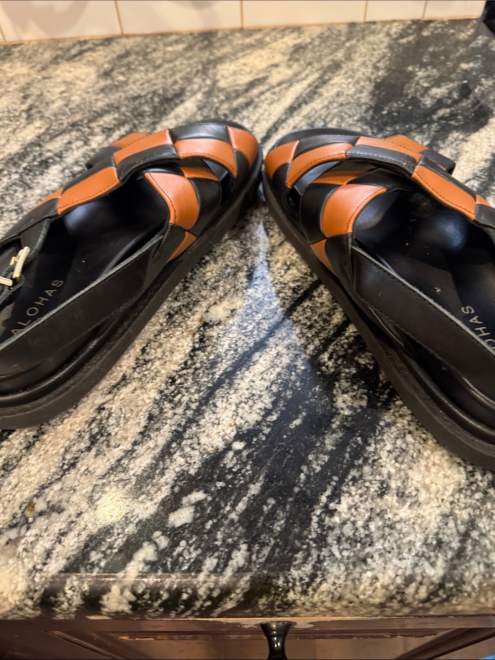 ALOHAS Black and Tan Woven Leather Slingback Sandals - Picture 8 of 13